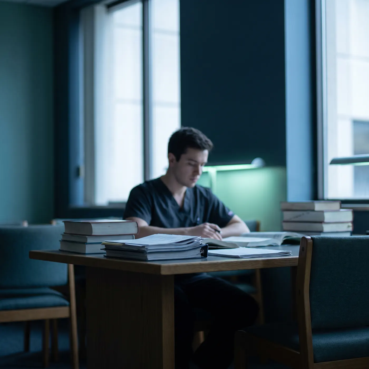 Estudante de medicina lendo numa mesa de biblioteca, entre pilhas de livros