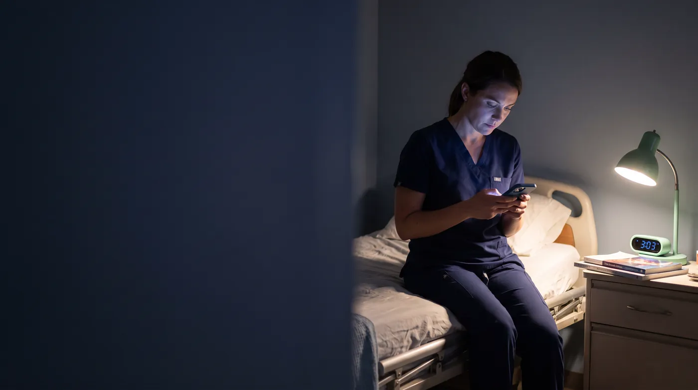 Médica de plantão sentada na cama do conforto médico às 3h da manhã, lendo o celular